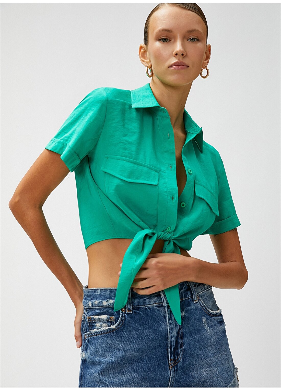 Koton Standart Gömlek Yaka Düz Yeşil Kadın Gömlek 3SAK60001EW