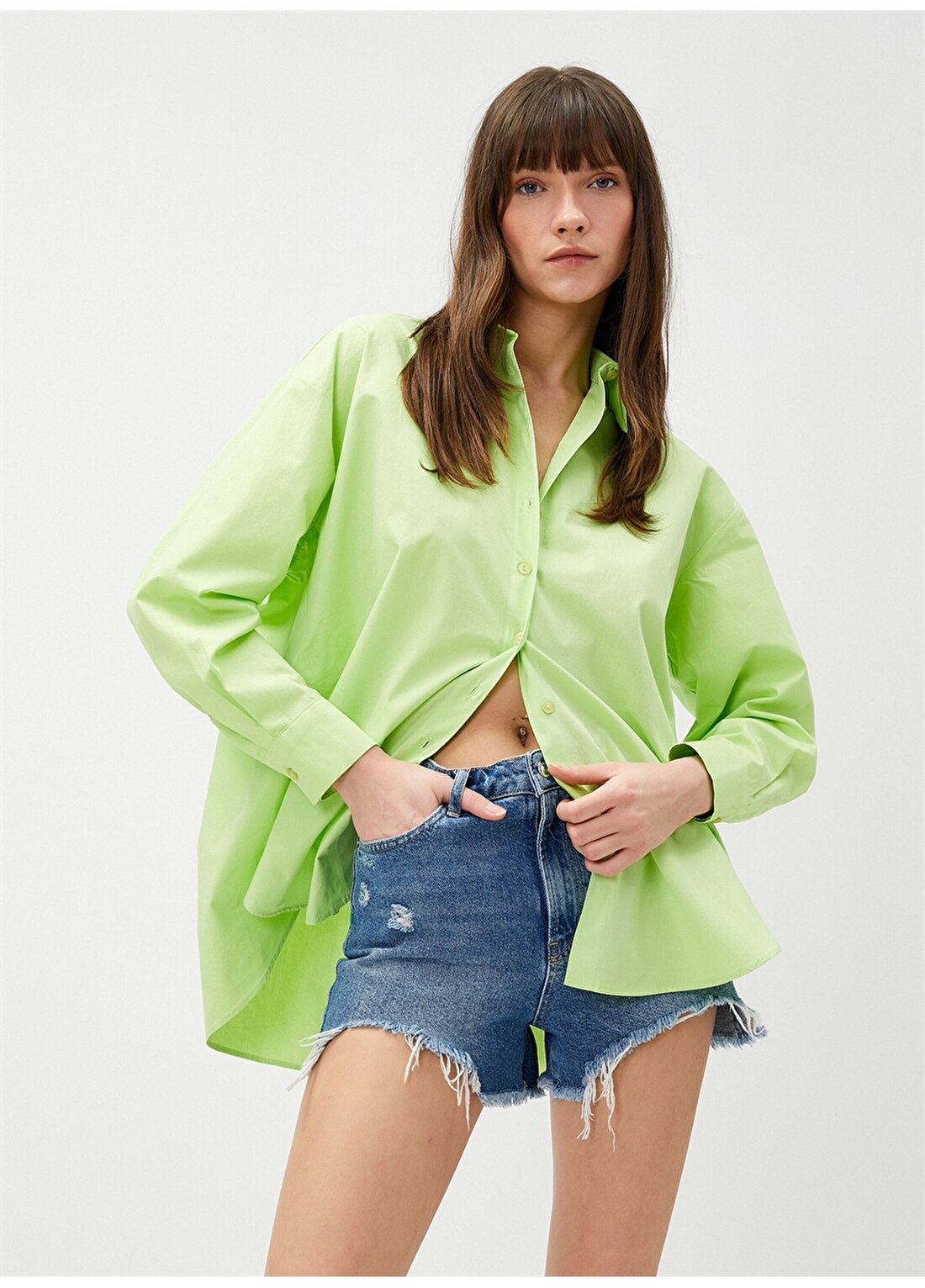 Koton Gömlek Yaka Düz Yeşil Kadın Gömlek 3SAK60011PW