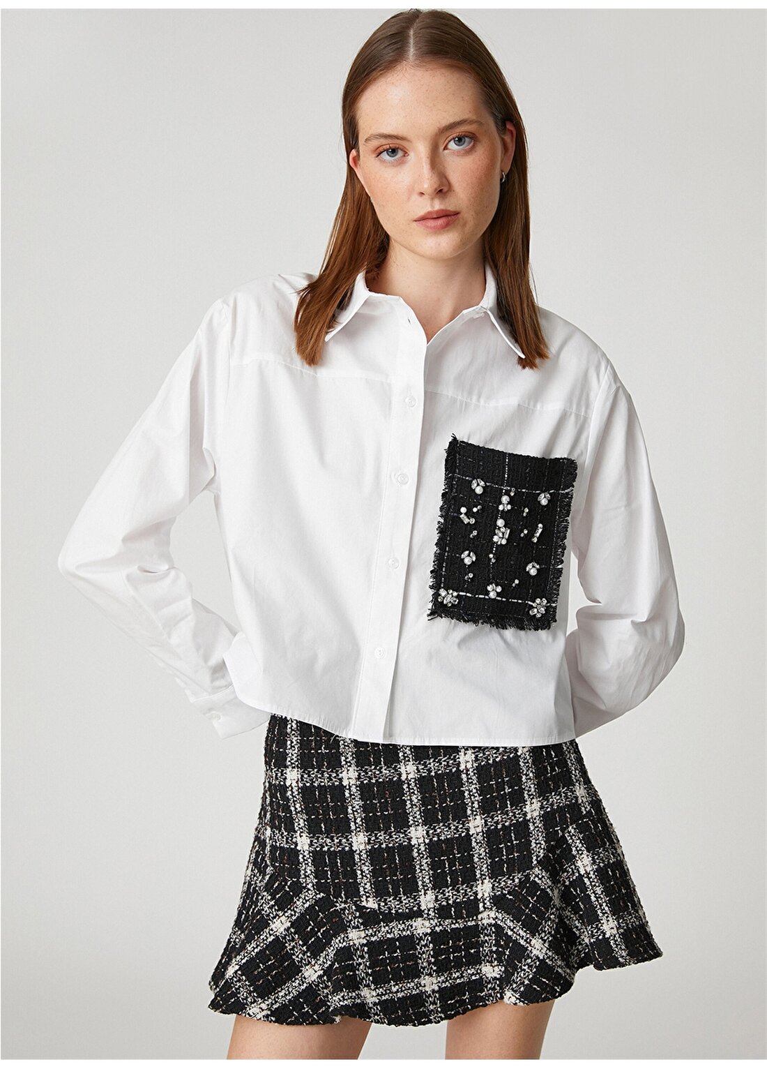 Koton Gömlek Yaka Payetli Kırık Beyaz Kadın Gömlek 3SAK60010UW