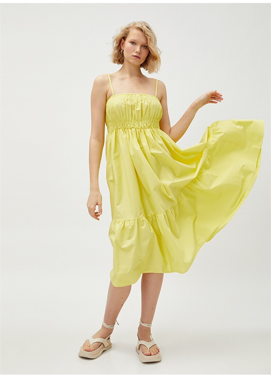 Koton Sarı Kadın Düz Yaka Yazlık Uzun Elbise 3SAK80005PW