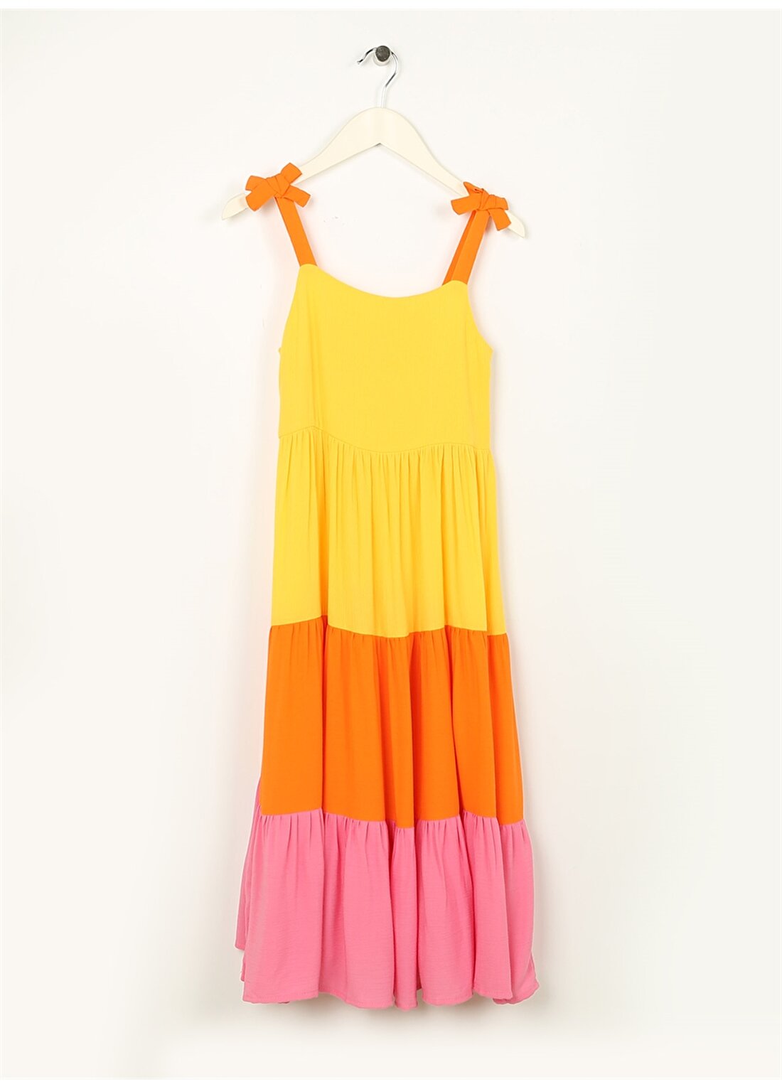 Koton Sarı Kız Çocuk Kare Yaka Askılı Düz Elbise 3SKG80020AW