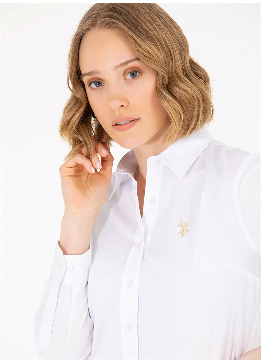 U.S. Polo Assn. Slim Fit Gömlek Yaka Düz Beyaz Kadın Gömlek SALY023Y