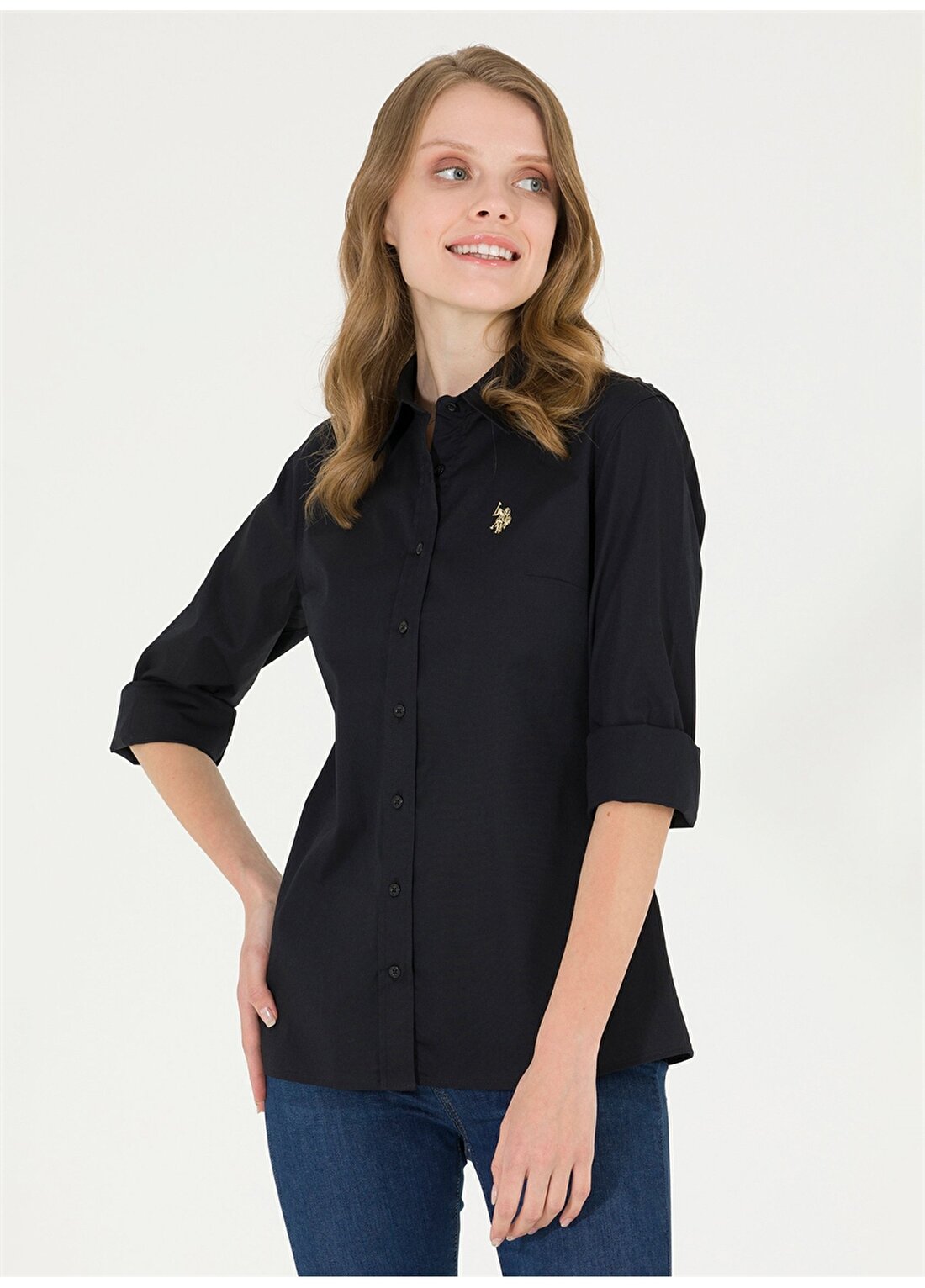 U.S. Polo Assn. Slim Fit Gömlek Yaka Düz Siyah Kadın Gömlek SALY023Y