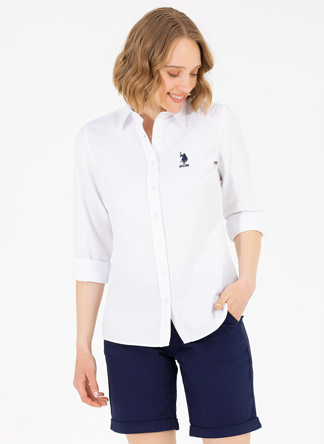 U.S. Polo Assn. Slim Fit Gömlek Yaka Düz Beyaz Kadın Gömlek WOX23Y