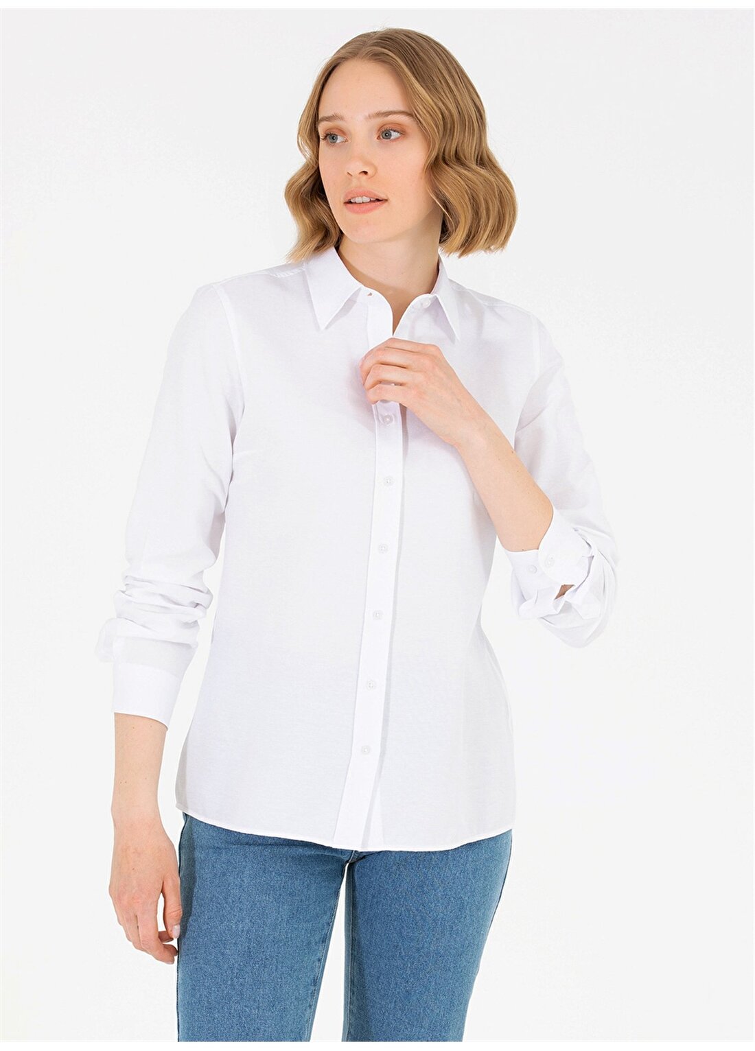U.S. Polo Assn. Slim Fit Gömlek Yaka Düz Beyaz Kadın Gömlek WOXCOLOR023Y