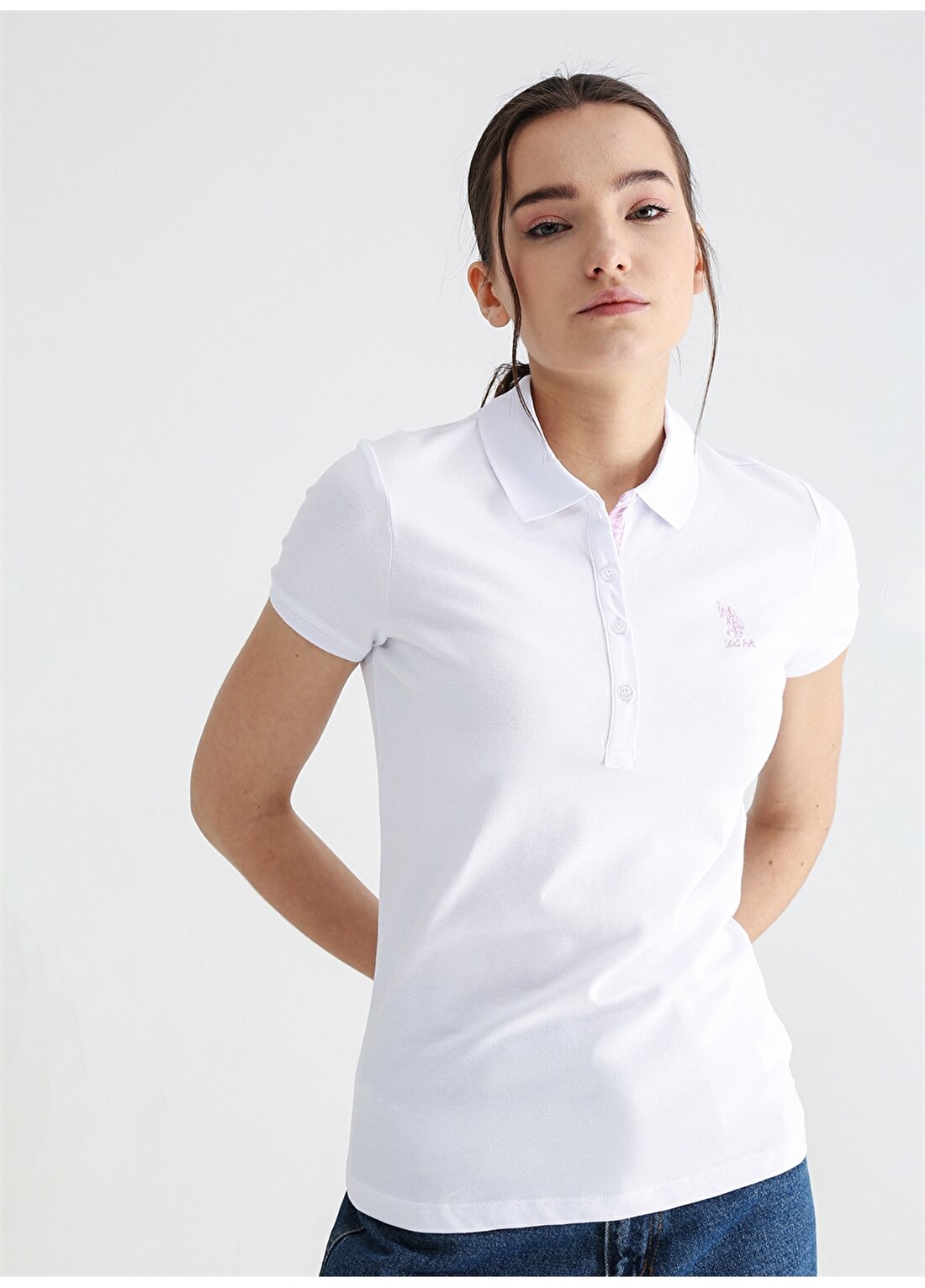 U.S. Polo Assn. Polo Yaka Düz Beyaz Kadın T-Shirt TP0123