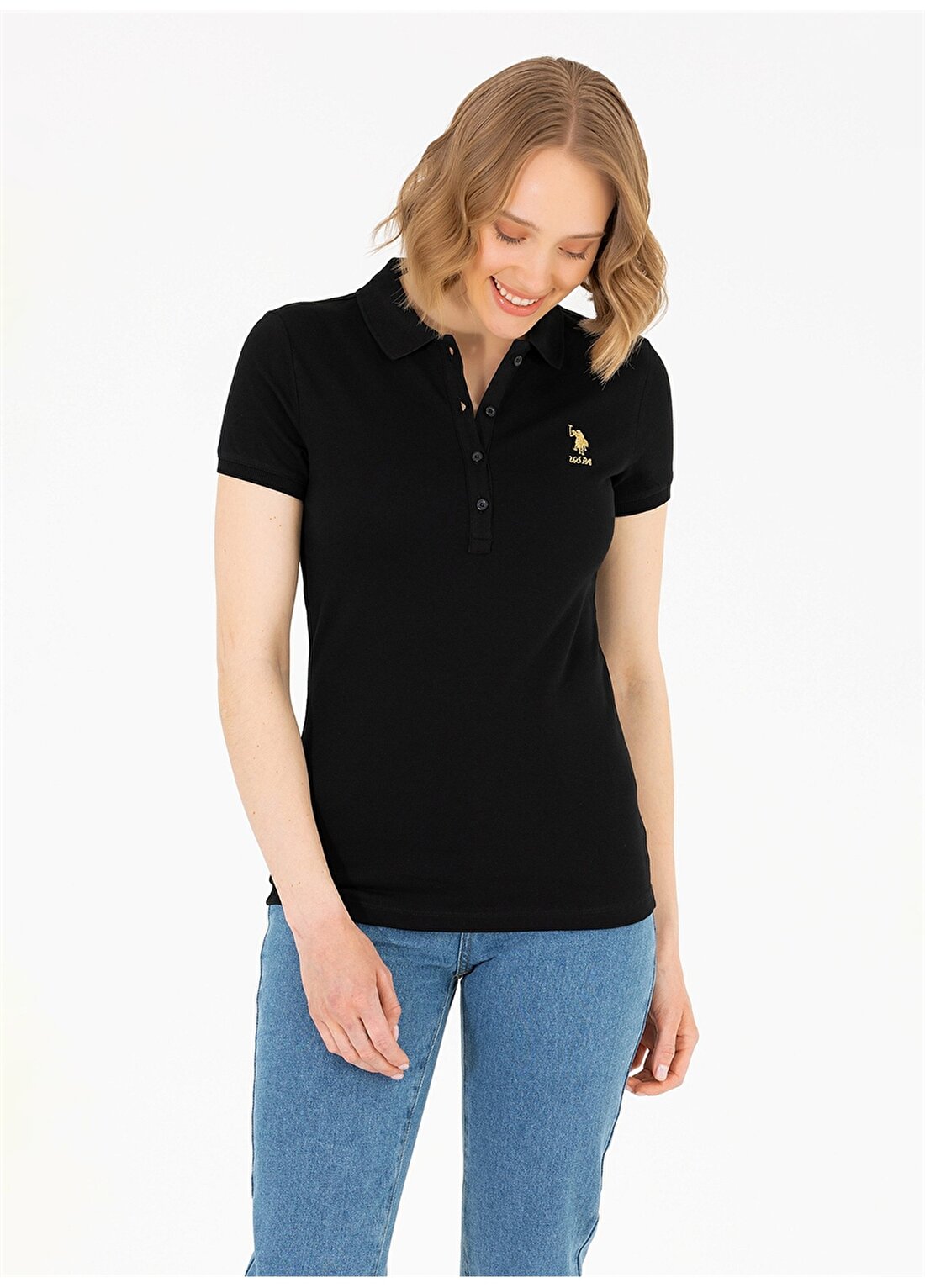 U.S. Polo Assn. Polo Yaka Düz Siyah Kadın T-Shirt TP0123