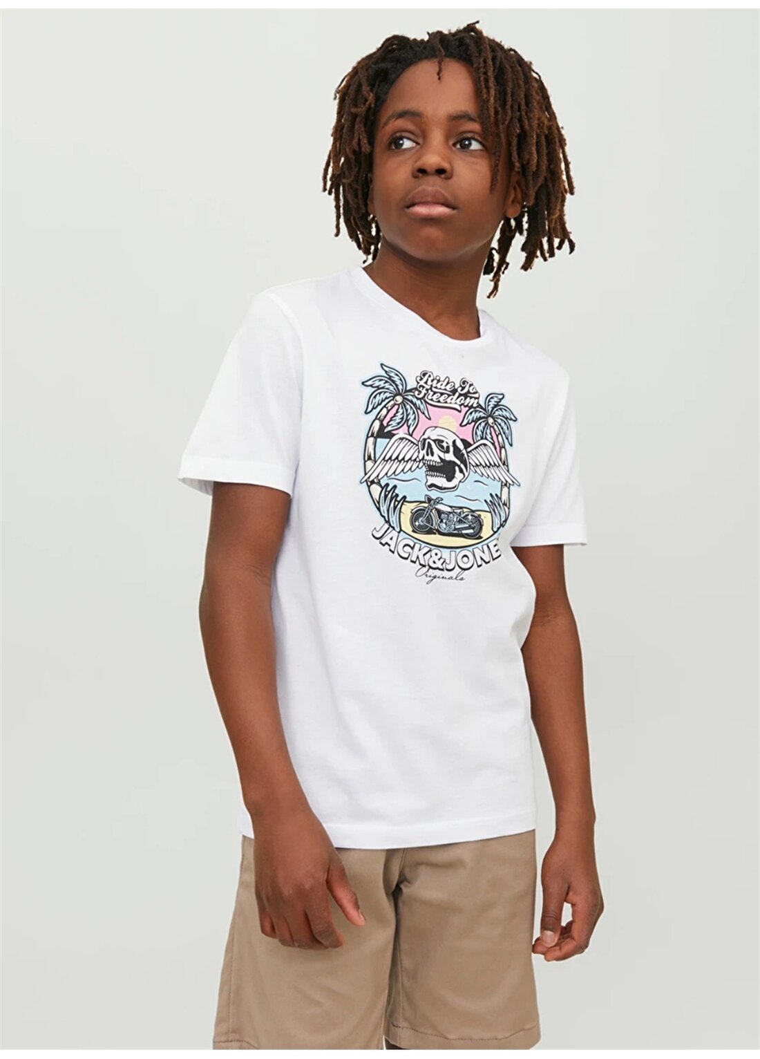 Jack & Jones Kırık Beyaz Erkek Çocuk Bisiklet Yaka Desenli T-Shirt 12235519