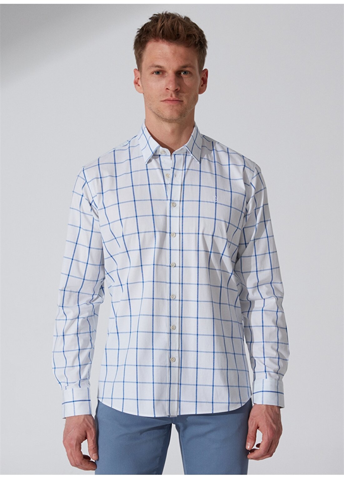Privé Düğmeli Yaka Beyaz - Mavi Erkek T-Shirt 4BX202320002