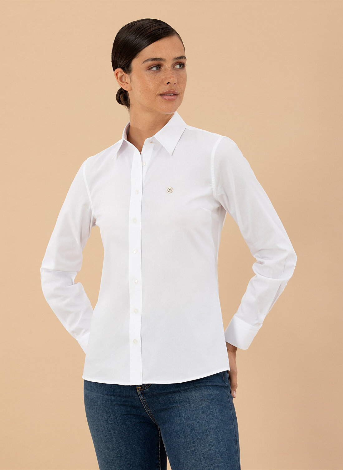Pierre Cardin Slim Fit Gömlek Yaka Düz Beyaz Kadın Gömlek BASS