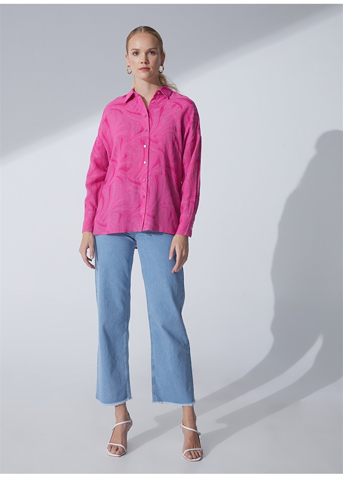 Pierre Cardin Oversized Gömlek Yaka Jakarlı Pembe Kadın Gömlek HEMDEM