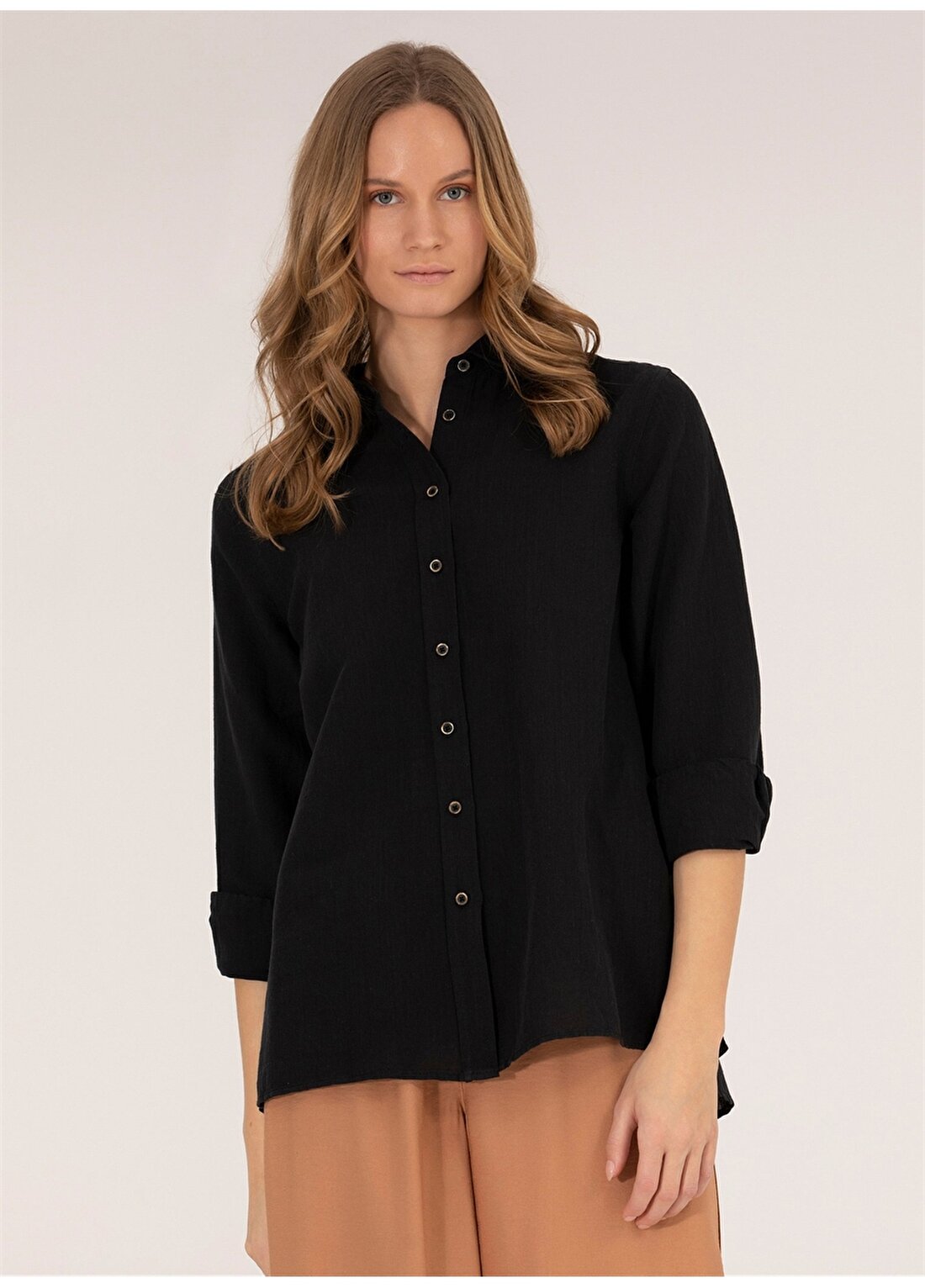 Pierre Cardin Comfort Fit Gömlek Yaka Düz Siyah Kadın Gömlek KETO