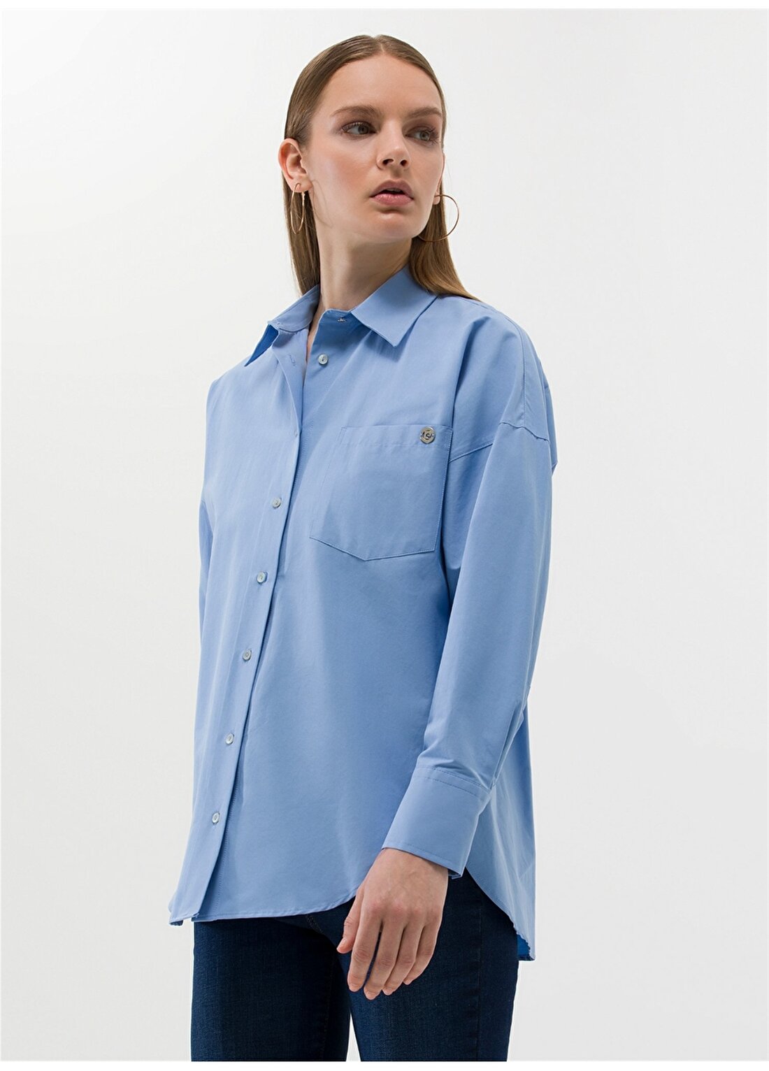 Pierre Cardin Oversized Gömlek Yaka Düz İndigo Kadın Gömlek NENAB