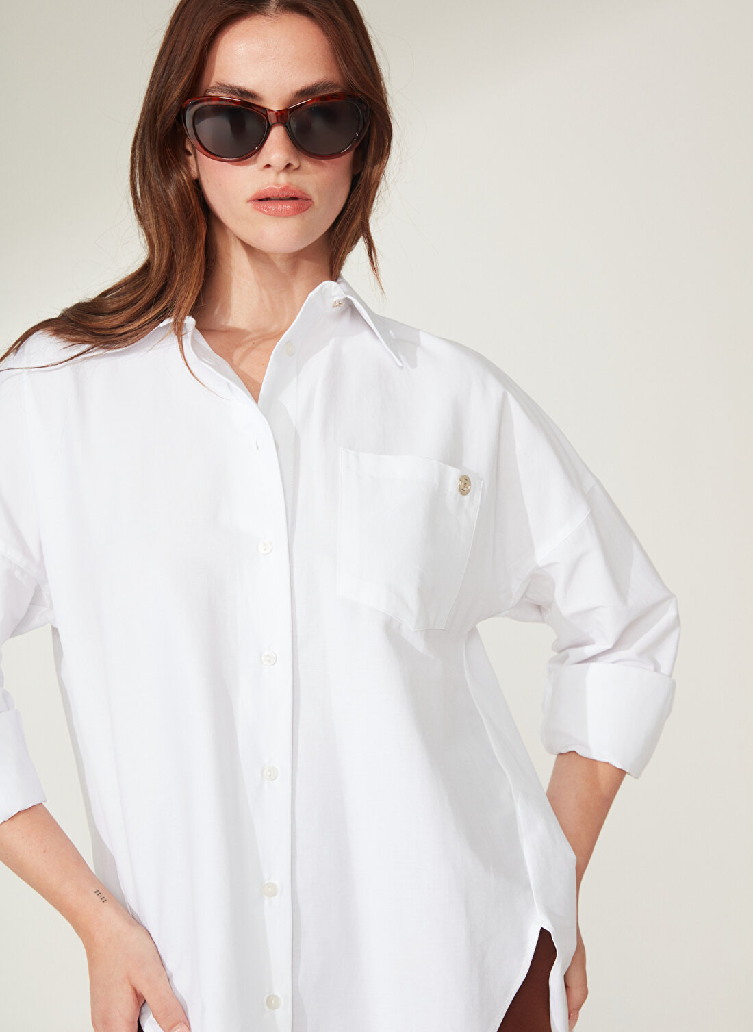 Pierre Cardin Oversized Gömlek Yaka Düz Beyaz Kadın Gömlek NENAB