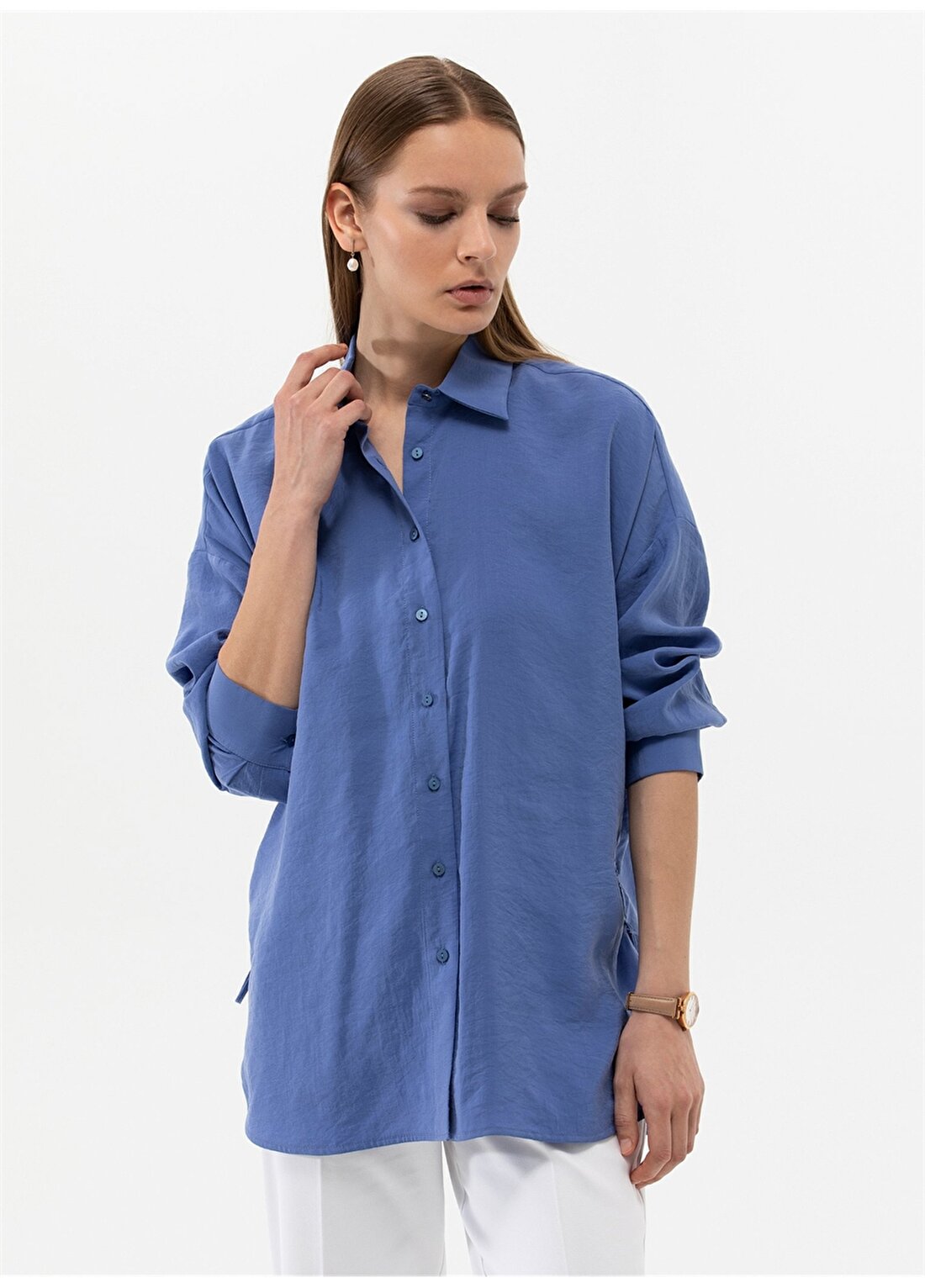 Pierre Cardin Oversized Gömlek Yaka Düz Mavi Kadın Gömlek SCARLET