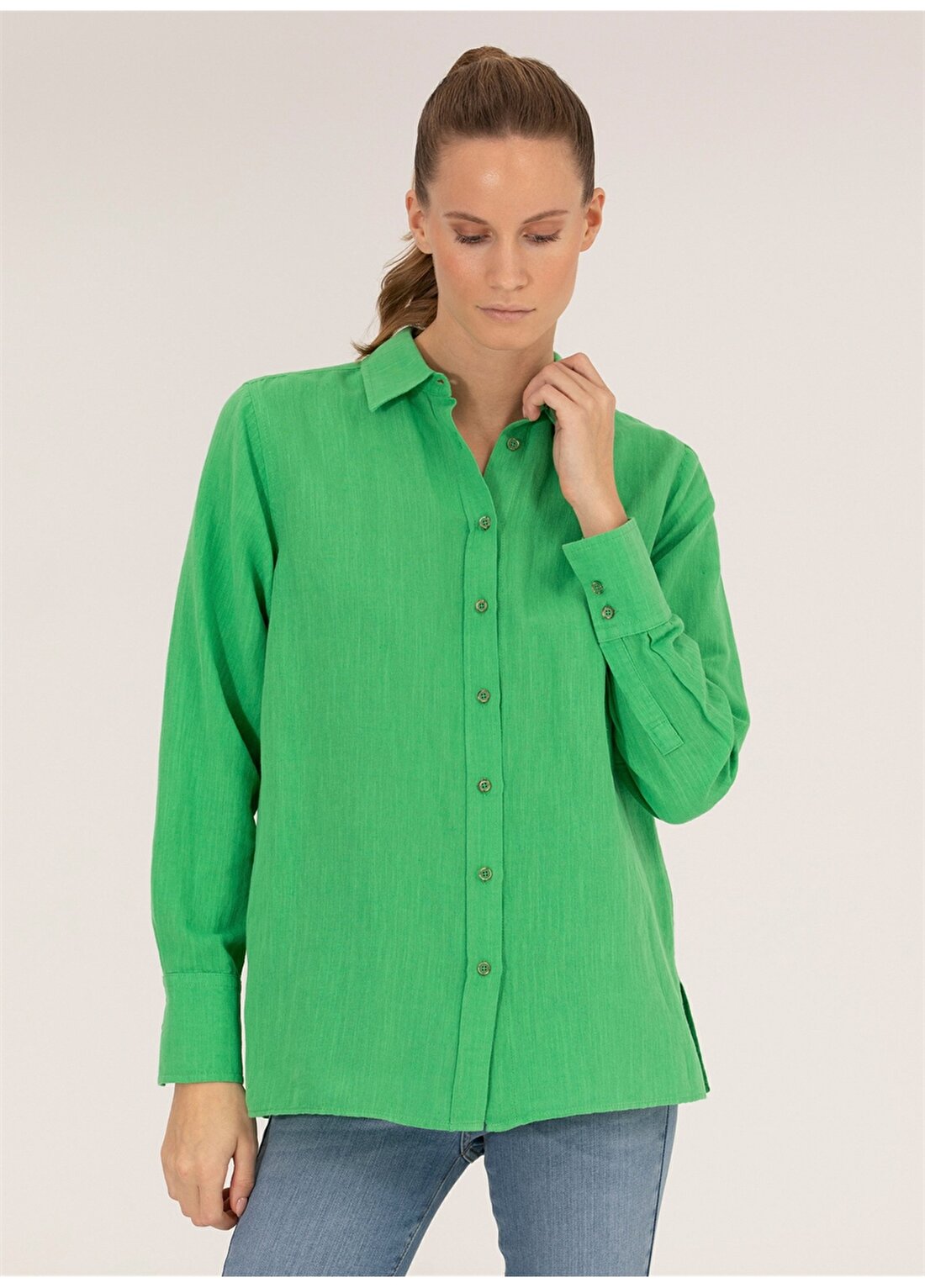 Pierre Cardin Comfort Fit Gömlek Yaka Düz Zümrüt Yeşili Kadın Gömlek KETO