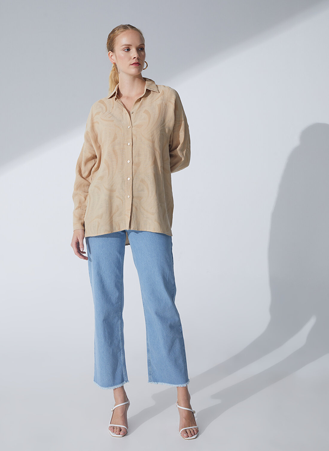Pierre Cardin Oversized Gömlek Yaka Jakarlı Bej Kadın Gömlek HEMDEM