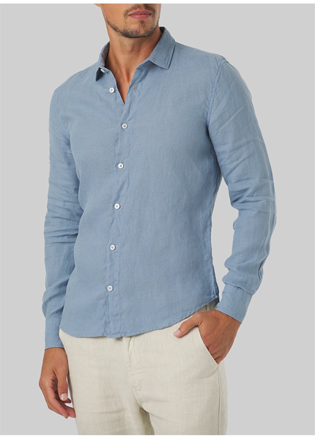Mr. Mood Standart Düğmeli Yaka Mavi Erkek Gömlek Mr Linen Shirt