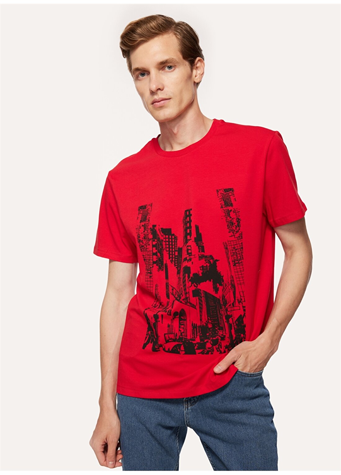 Fabrika Sports Kırmızı Erkek Bisiklet Yaka Kısa Kollu Loose Fit Baskılı T-Shirt FS3WM-TST263