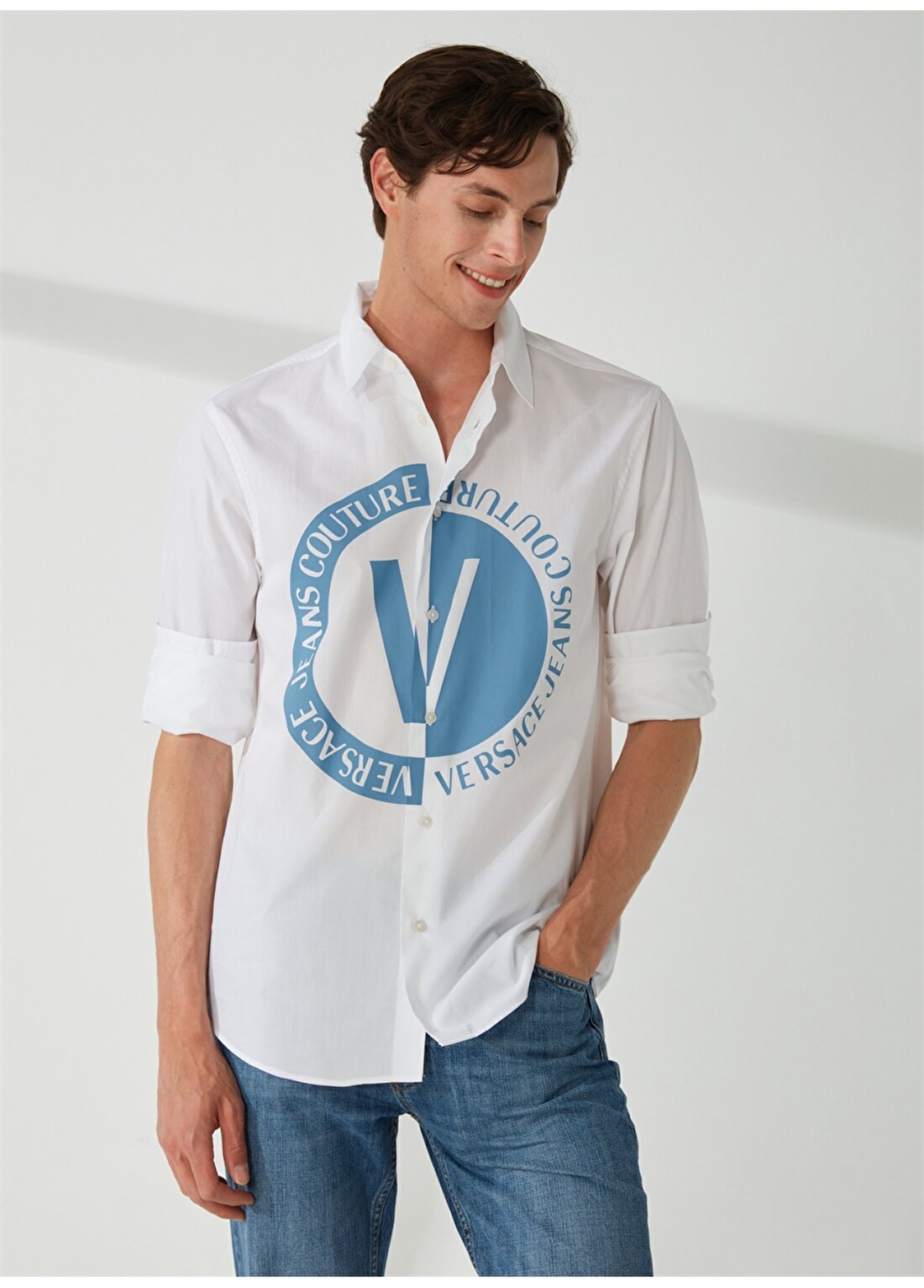 Versace Jeans Couture Slim Fit Gömlek Yaka Beyaz Erkek Gömlek 74GALYR0CN002003
