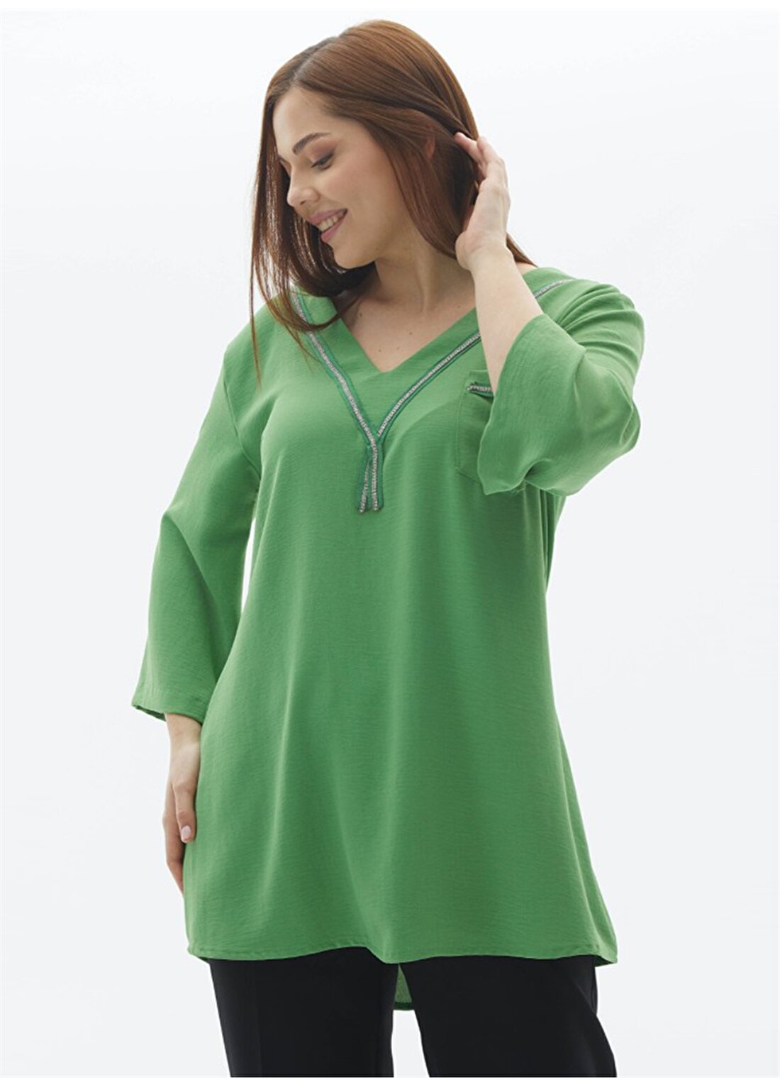 Selen V Yaka Taşlı Yeşil Kadın Bluz 23YSL8564