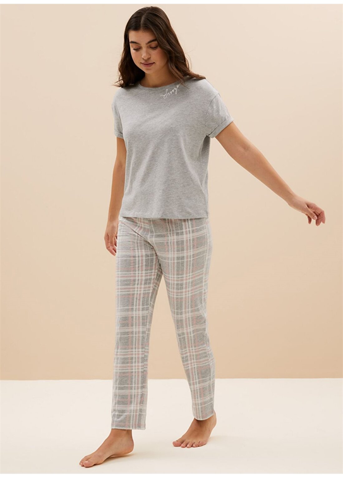 Marks & Spencer Gri - Pembe - Beyaz Kadın Ekose Desenli Kısa Kollu Pijama Takımı 4513F