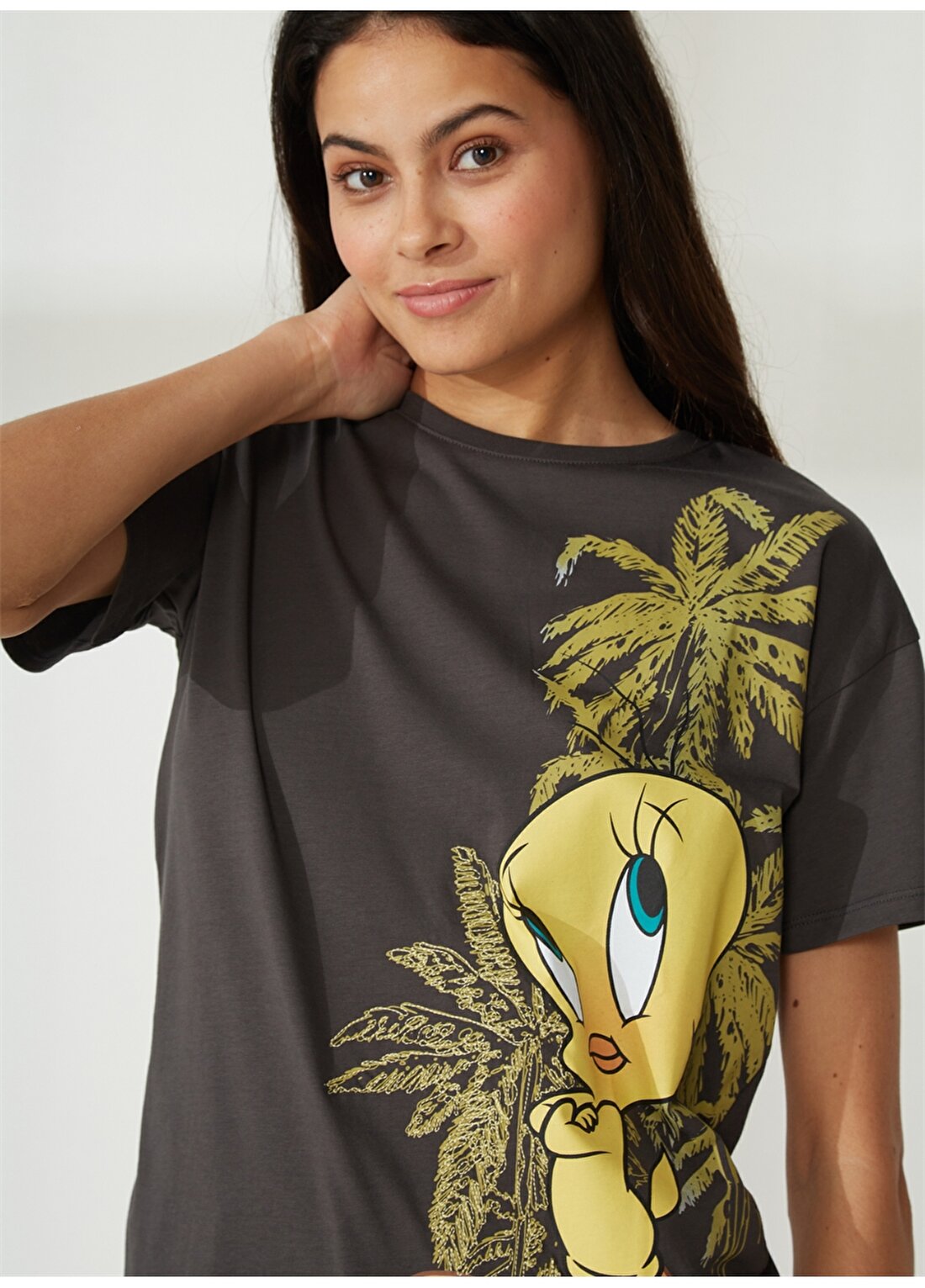 Never Say Never Looney Tunes Baskılı Antrasit Kadın Oversized T-Shirt BYL2999
