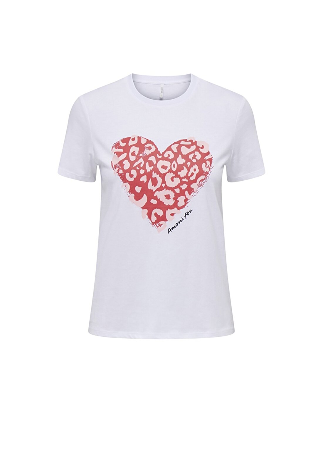 Only O Yaka Baskılı Açık Beyaz Kadın T-Shirt ONLBENJI REG S/S HEART TOP BOX JRS