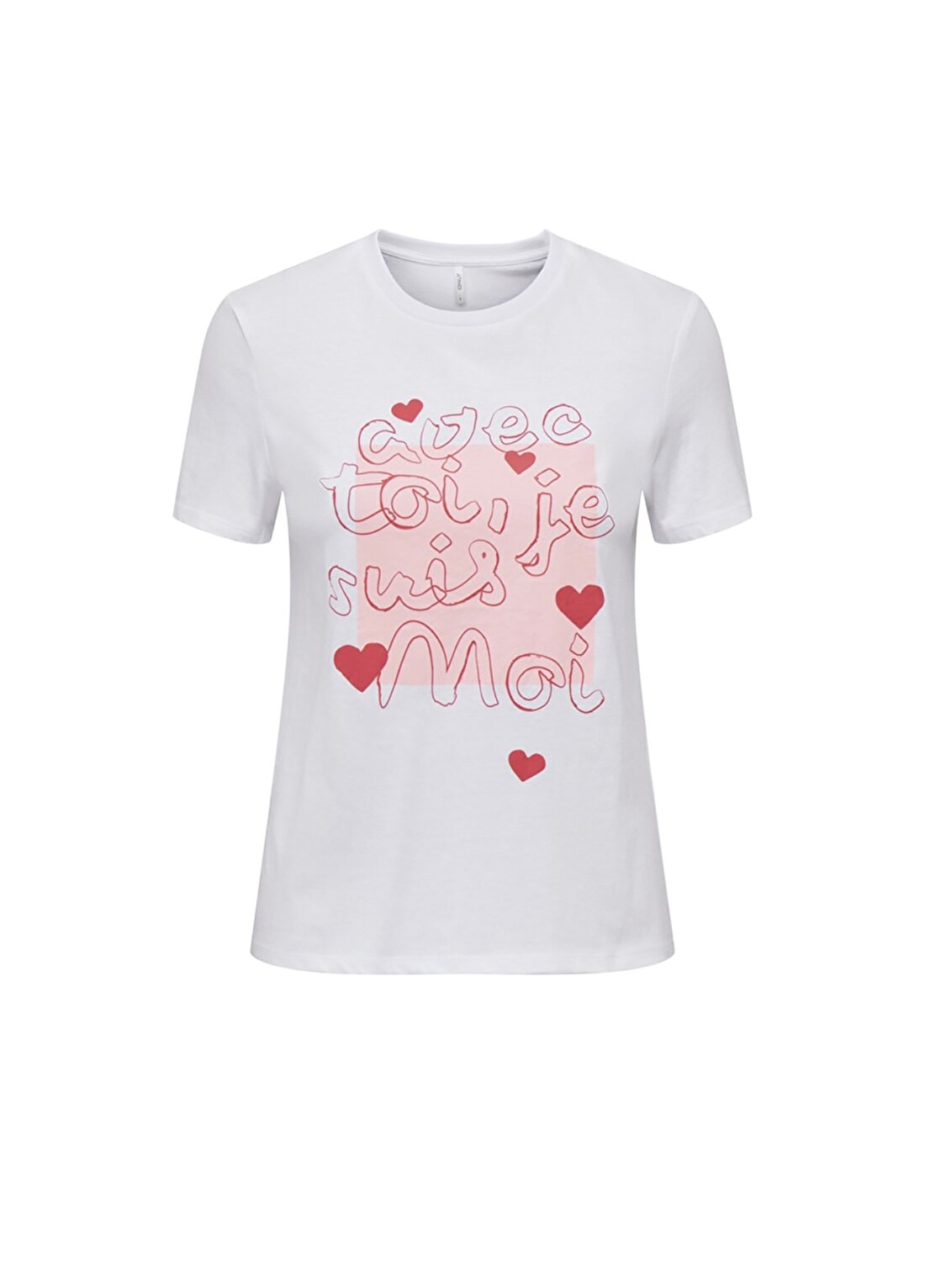 Only O Yaka Baskılı Beyaz Kadın T-Shirt ONLBENJI REG S/S HEART TOP BOX JRS