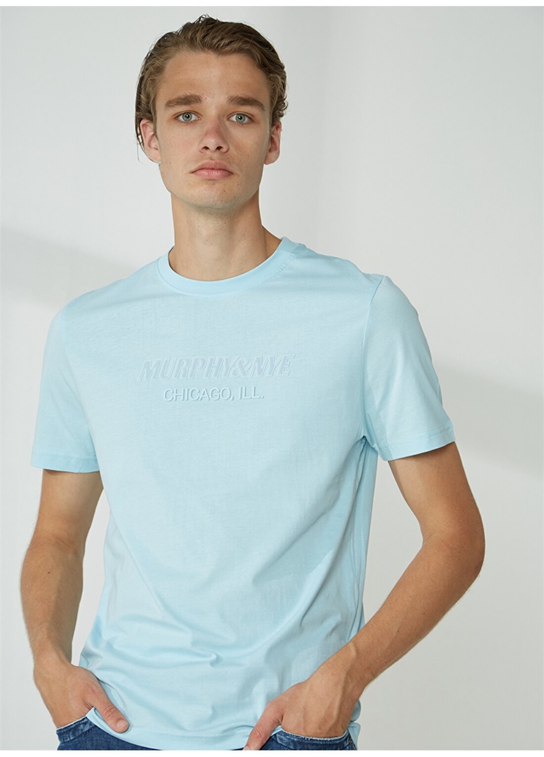 Murphy&Nye Bisiklet Yaka Düz Mavi Erkek T-Shirt EMBOSS T-SHIRT