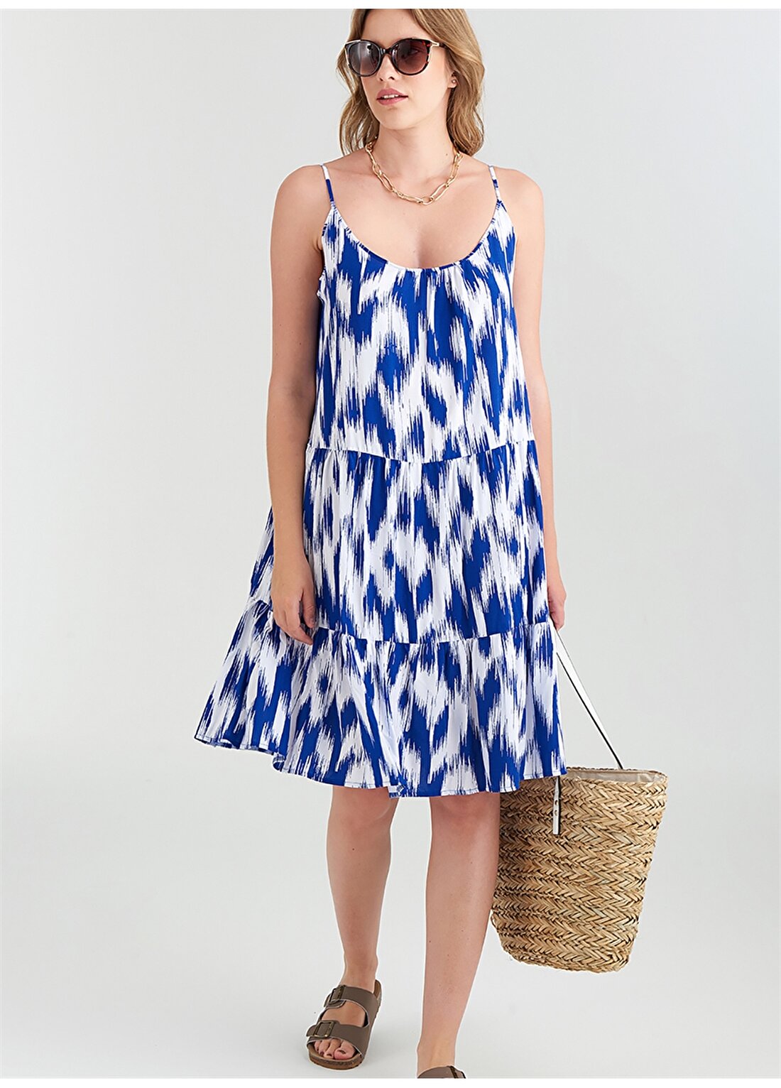 Marks & Spencer Mavi - Beyaz Kadın İnce Askılı Plaj Elbisesi T52007455HE4