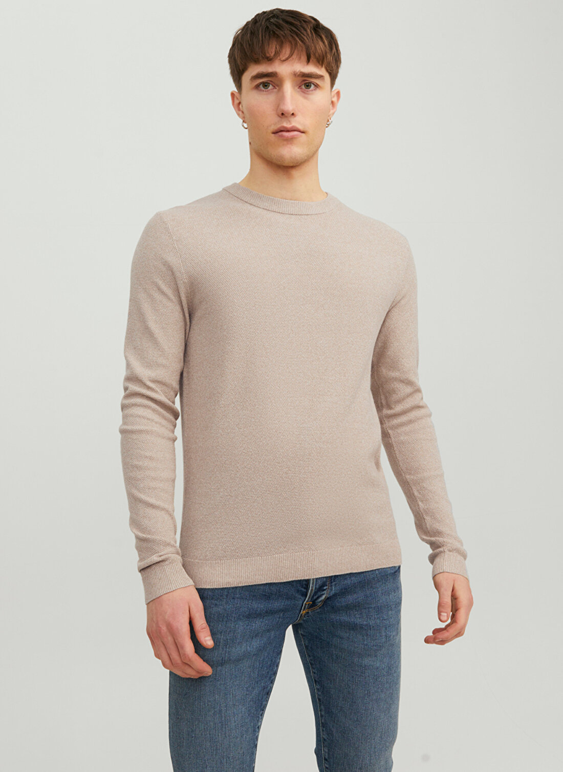 Jack & Jones Bisiklet Yaka Standart Bej Erkek Kazak 12236766_JJEMARCUS KNIT CREW NECK