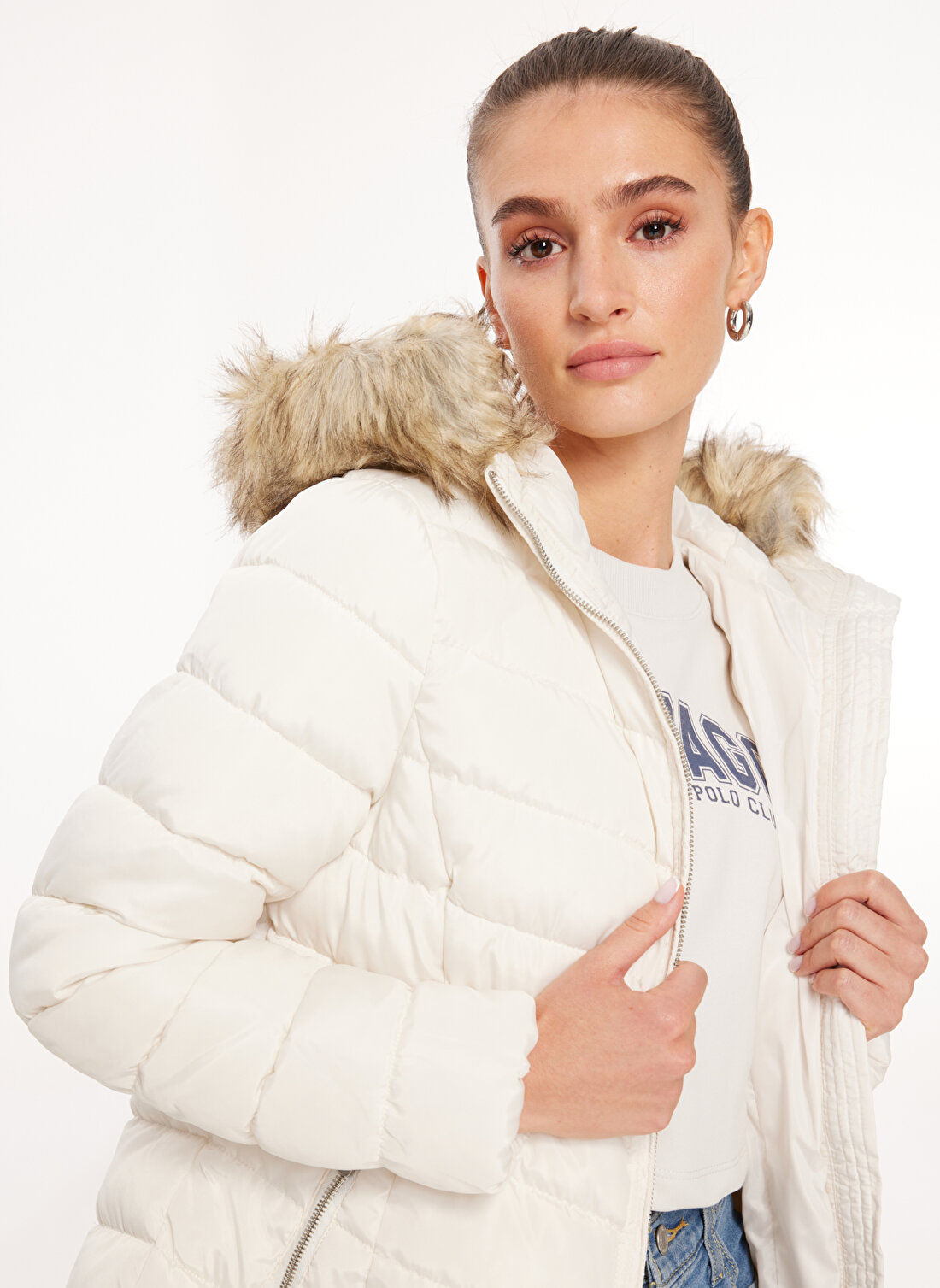 Only Kırık Beyaz Kadın Kaban ONLELLAN QUILTED HOOD FUR COAT CC O