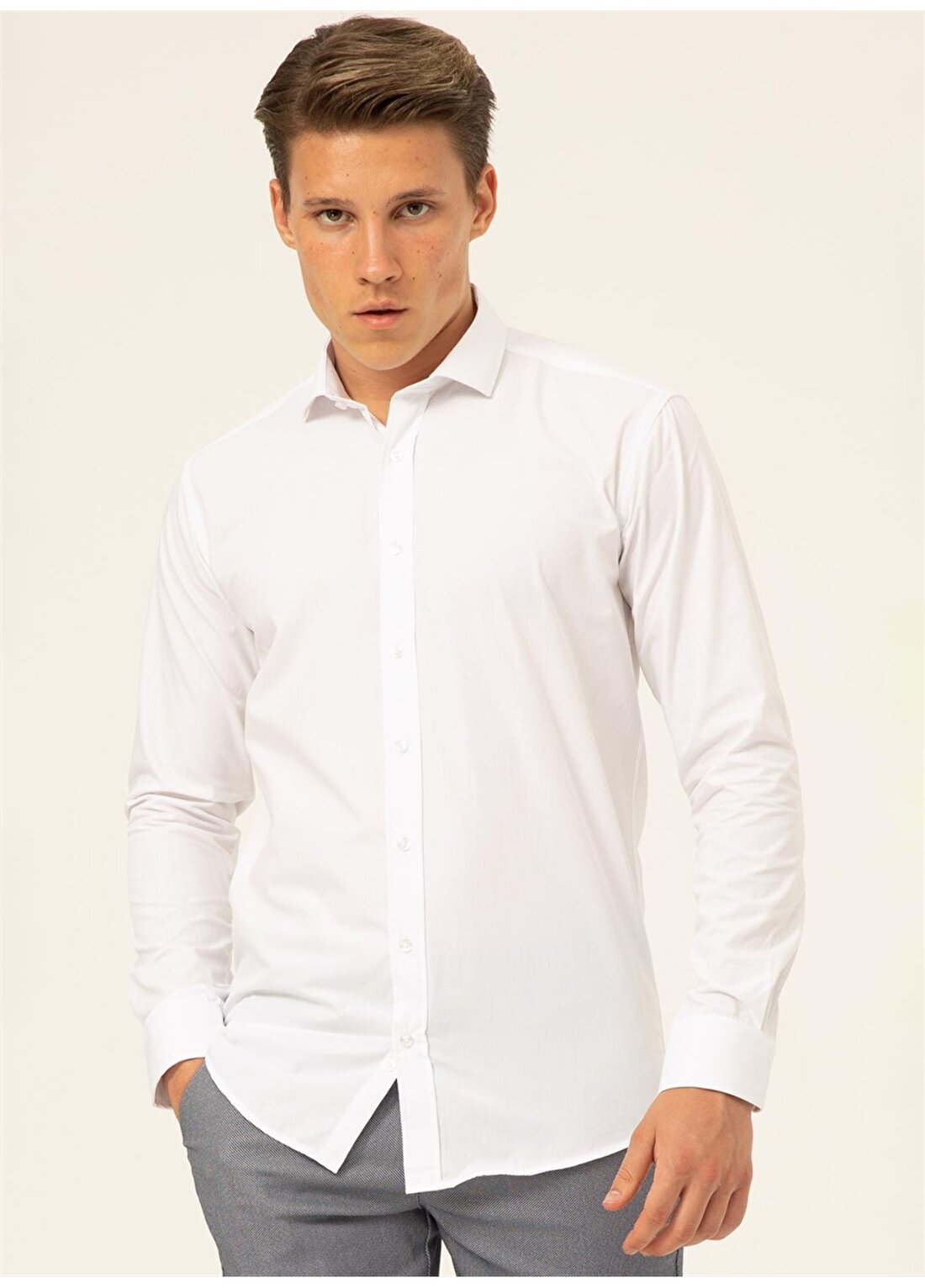 Süvari Slim Fit Klasik Yaka Düz Beyaz Erkek Gömlek GM1007100557