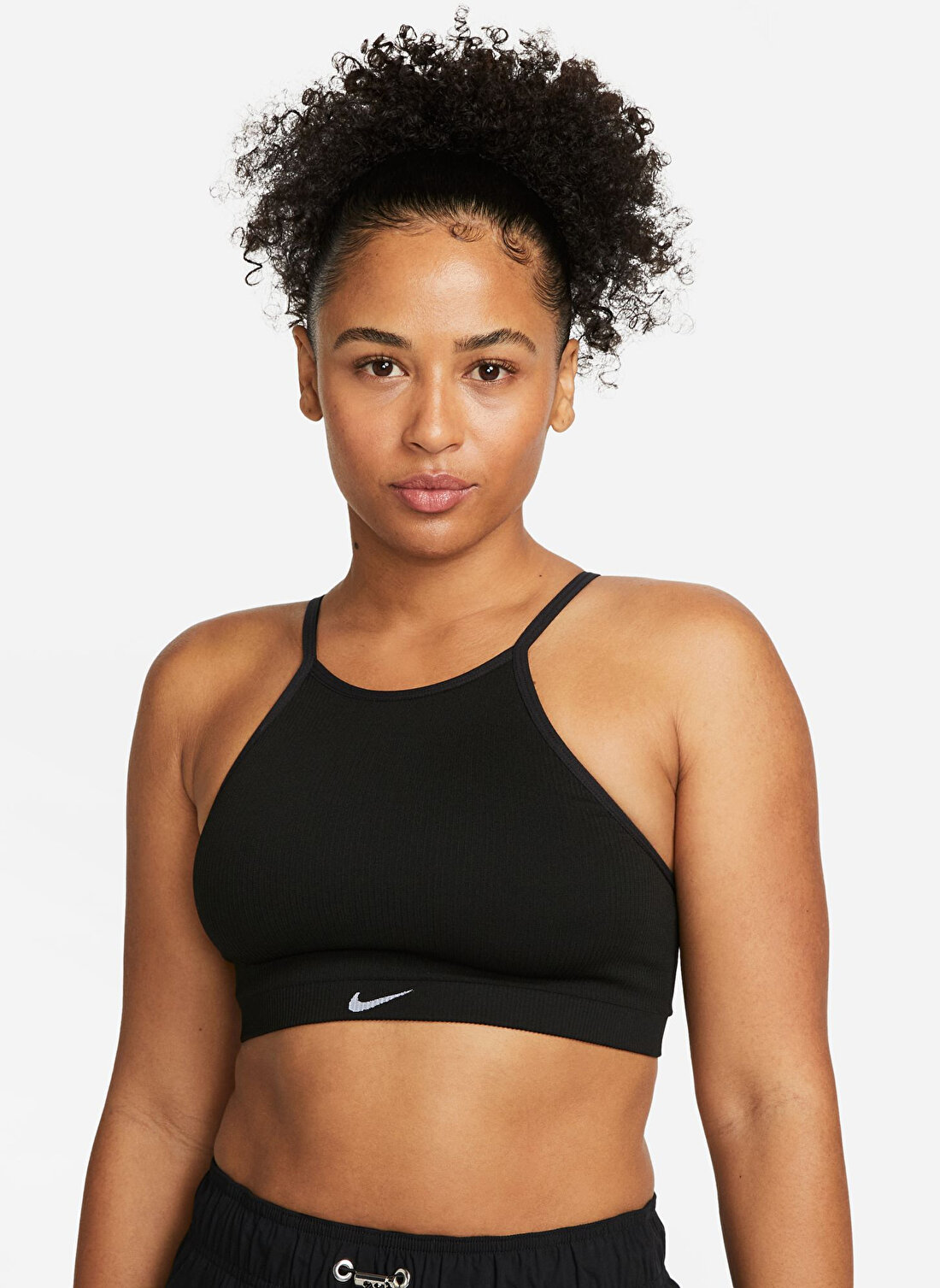 Nike Siyah - Gri - Gümüş Kadın Yuvarlak Yaka Regular Fit Sporcu Sütyeni DV9966-010 W NK INDY SMLS RIB BRA