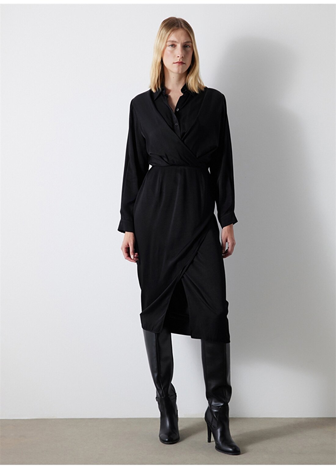 İpekyol Gömlek Yaka Siyah Midi Kadın Elbise IW6230002101001