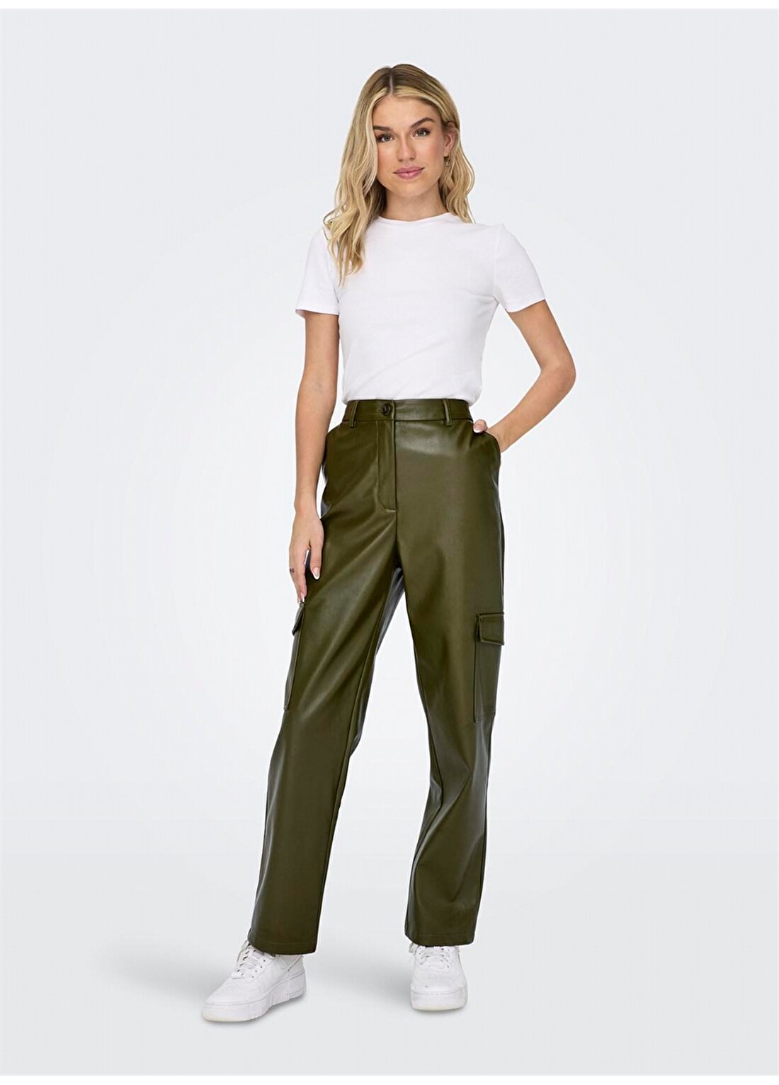 Only Yüksek Bel Normal Koyu Yeşil Kadın Pantolon ONLKIM FAUX LEATHER CARGO PANT CC O