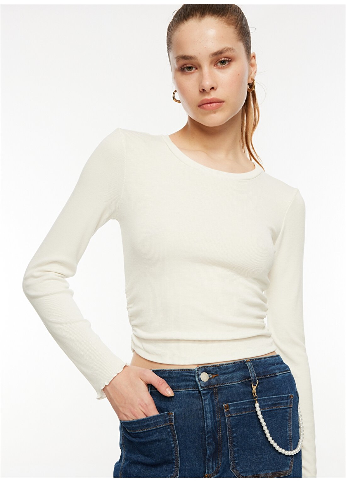 Only O Yaka Düz Kırık Beyaz Kadın T-Shirt ONLFAITH L/S O-NECK TOP JRS