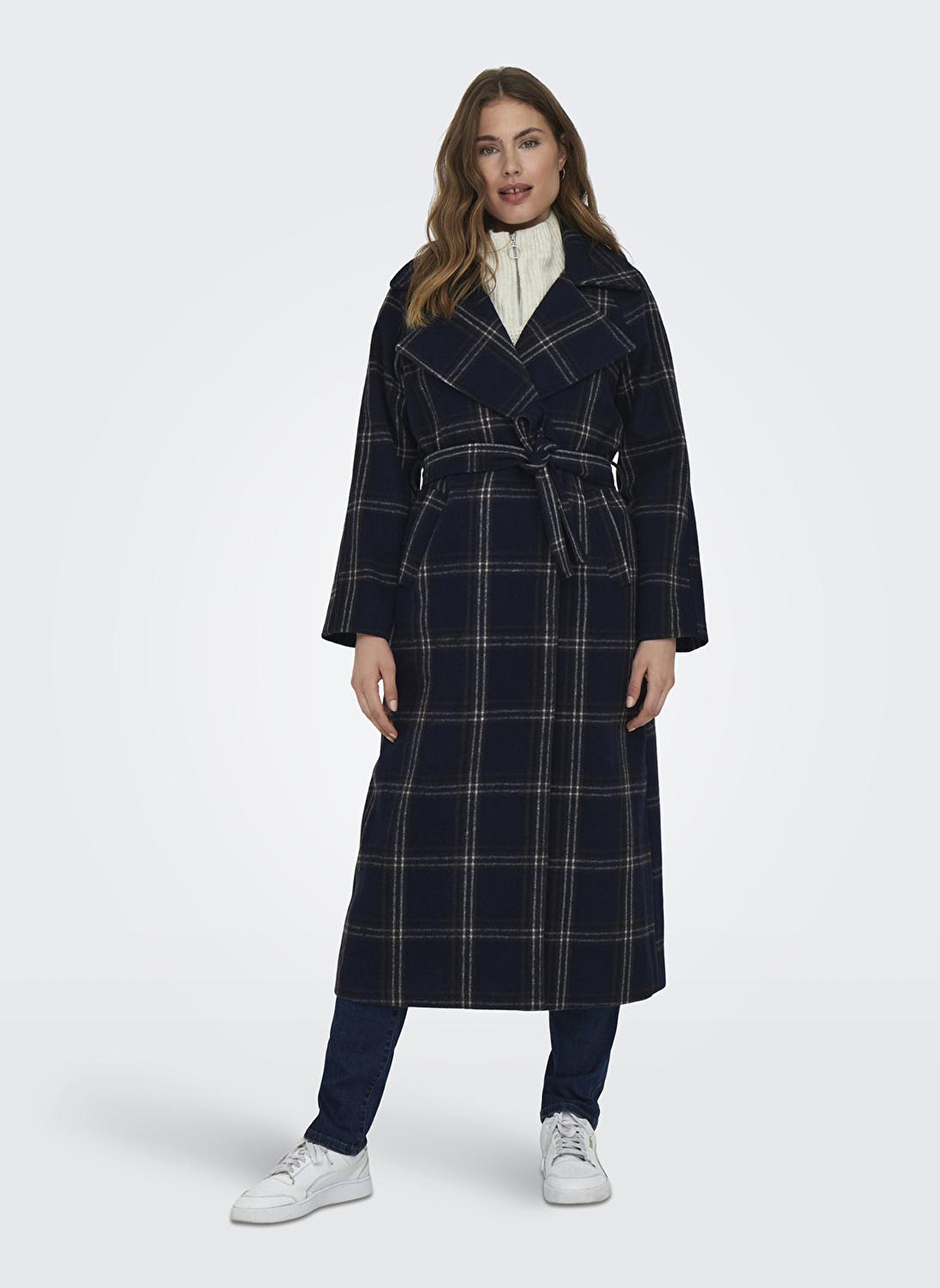 Only Lacivert Kadın Kaban ONLPATRICIA CHECK WOOL COAT OTW