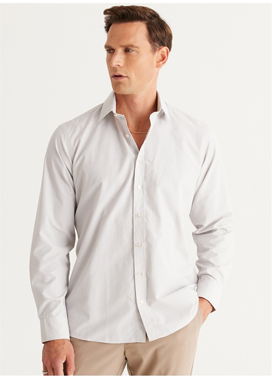 Altınyıldız Classics Comfort Fit Klasik Yaka Beyaz - Bej Erkek Gömlek 4A2024100007