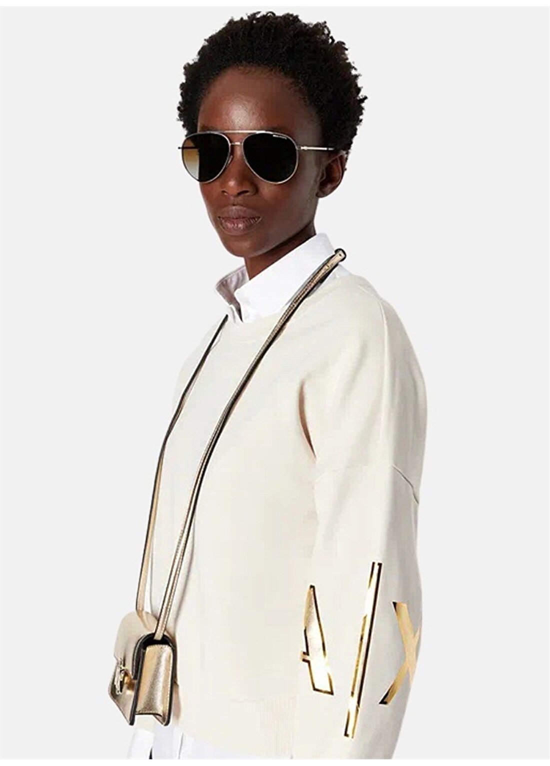 Armani Exchange V Yaka Baskılı Beyaz Diz Üstü Kadın Elbise 6RYA70