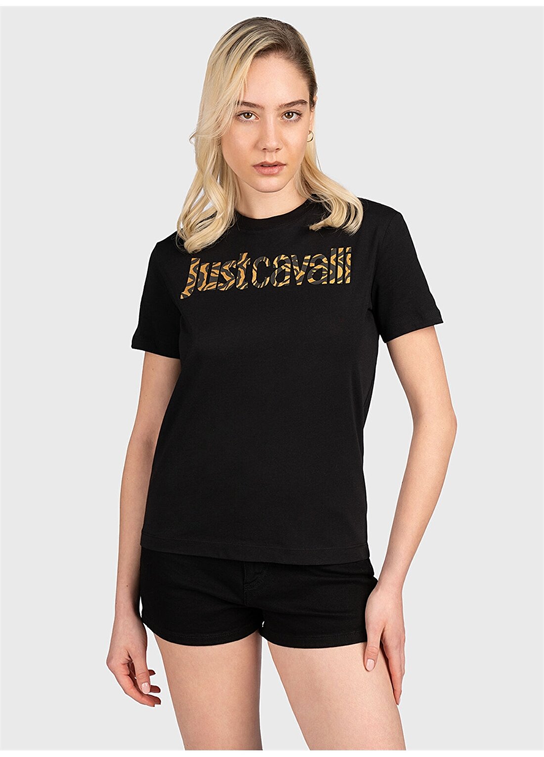 Just Cavalli Bisiklet Yaka Baskılı Siyah Kadın T-Shirt 75PAHG05