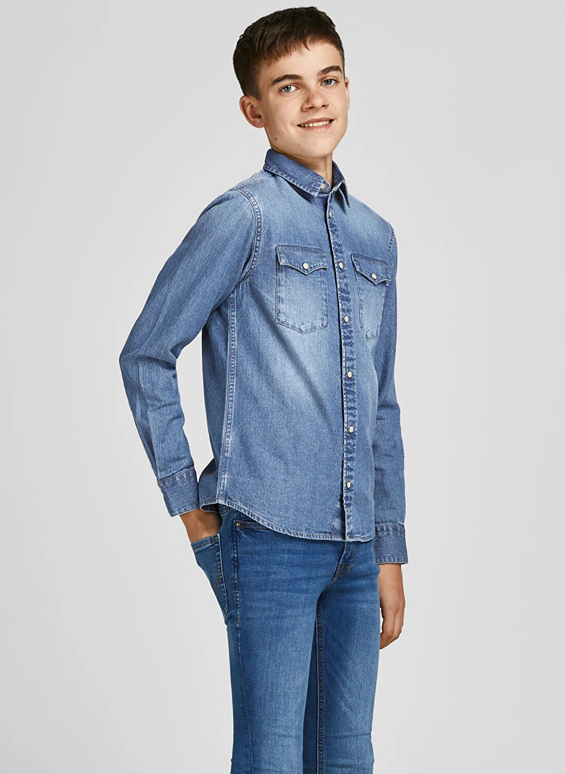 Jack & Jones Gömlek Yaka Düz Mavi Erkek Çocuk Denim Gömlek JJESHERIDAN SHIRT L/S NOOS JNR