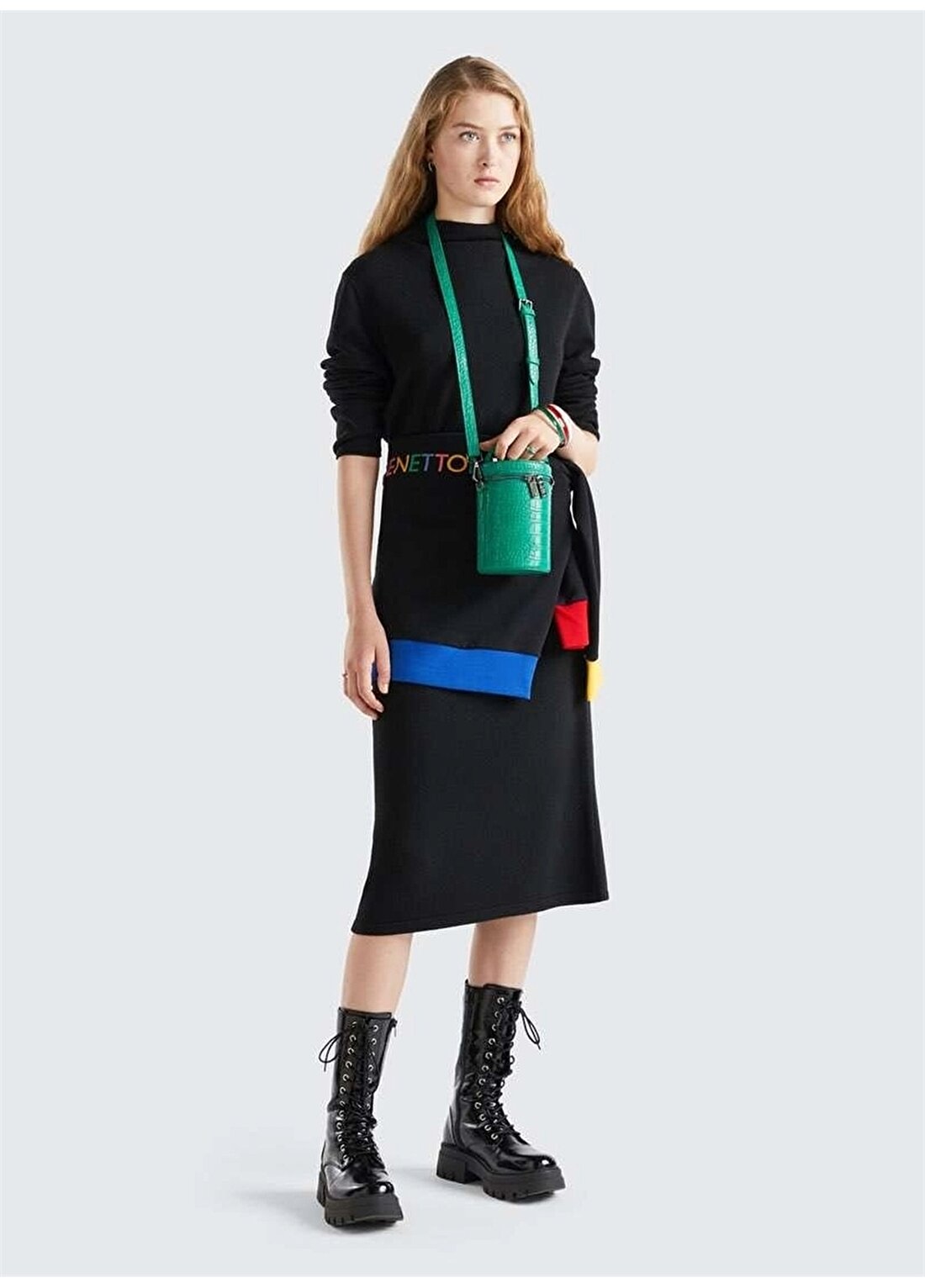 Benetton Dik Yaka Siyah Uzun Kadın Elbise 1235DV015