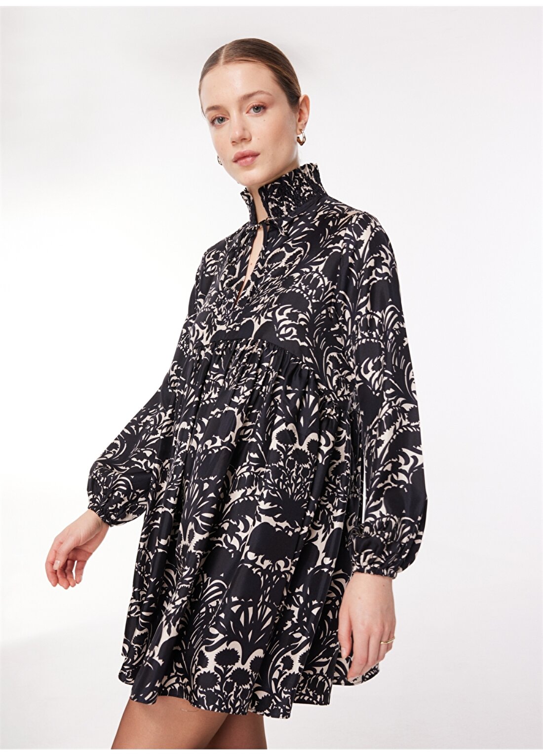 Brooks Brothers Dik Yaka Desenli Siyah - Beyaz Standart Kadın Elbise BBFW23FDR004