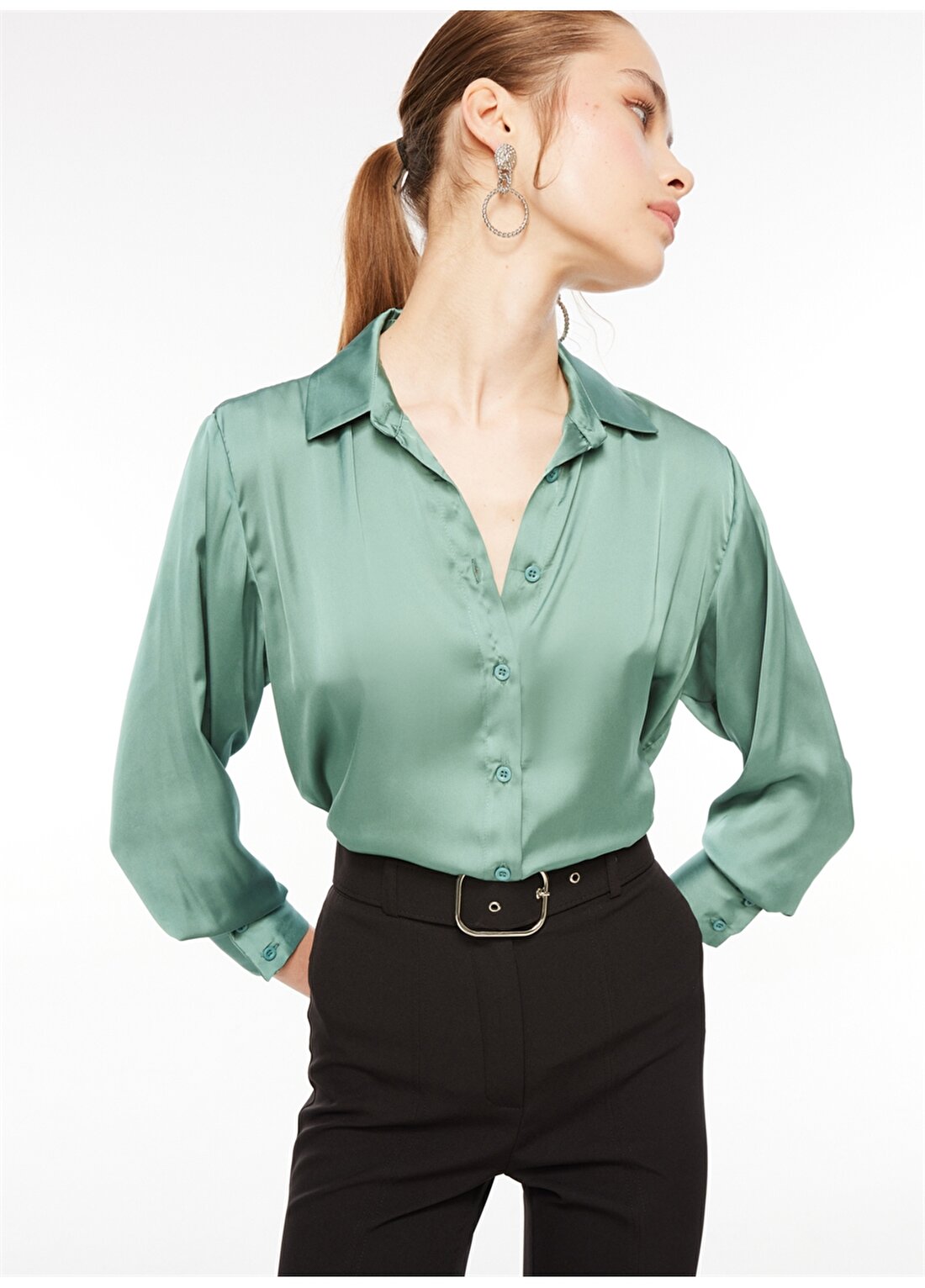 Selen Gömlek Yaka Düz Yeşil Kadın Bluz 23KSL8674