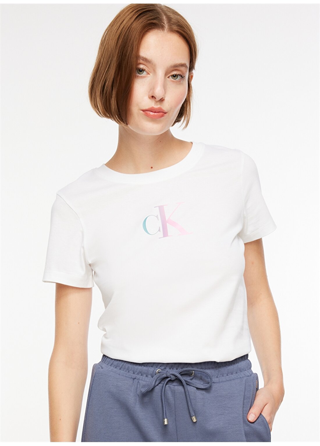 Calvin Klein Jeans Bisiklet Yaka Beyaz Kadın T-Shirt J20J222343YAF