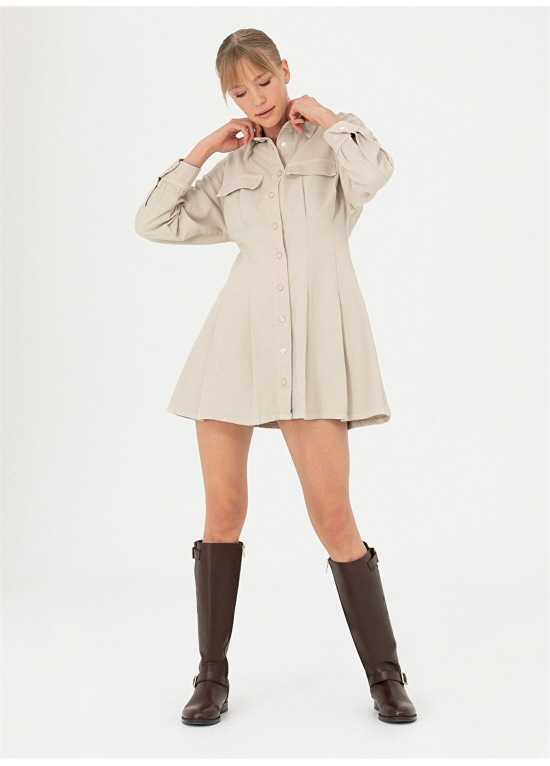 Pierre Cardin Gömlek Yaka Düz Bej Mini Kadın Elbise TUFFALO-E