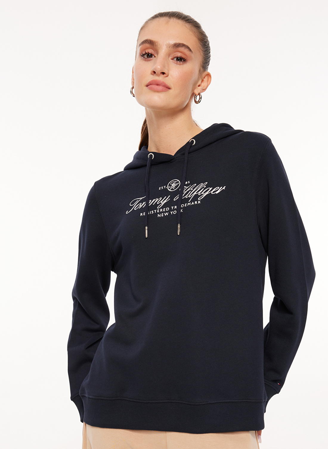 Tommy Hilfiger Kapüşon Yaka Baskılı Lacivert Kadın Sweatshırt WW0WW40291DW5