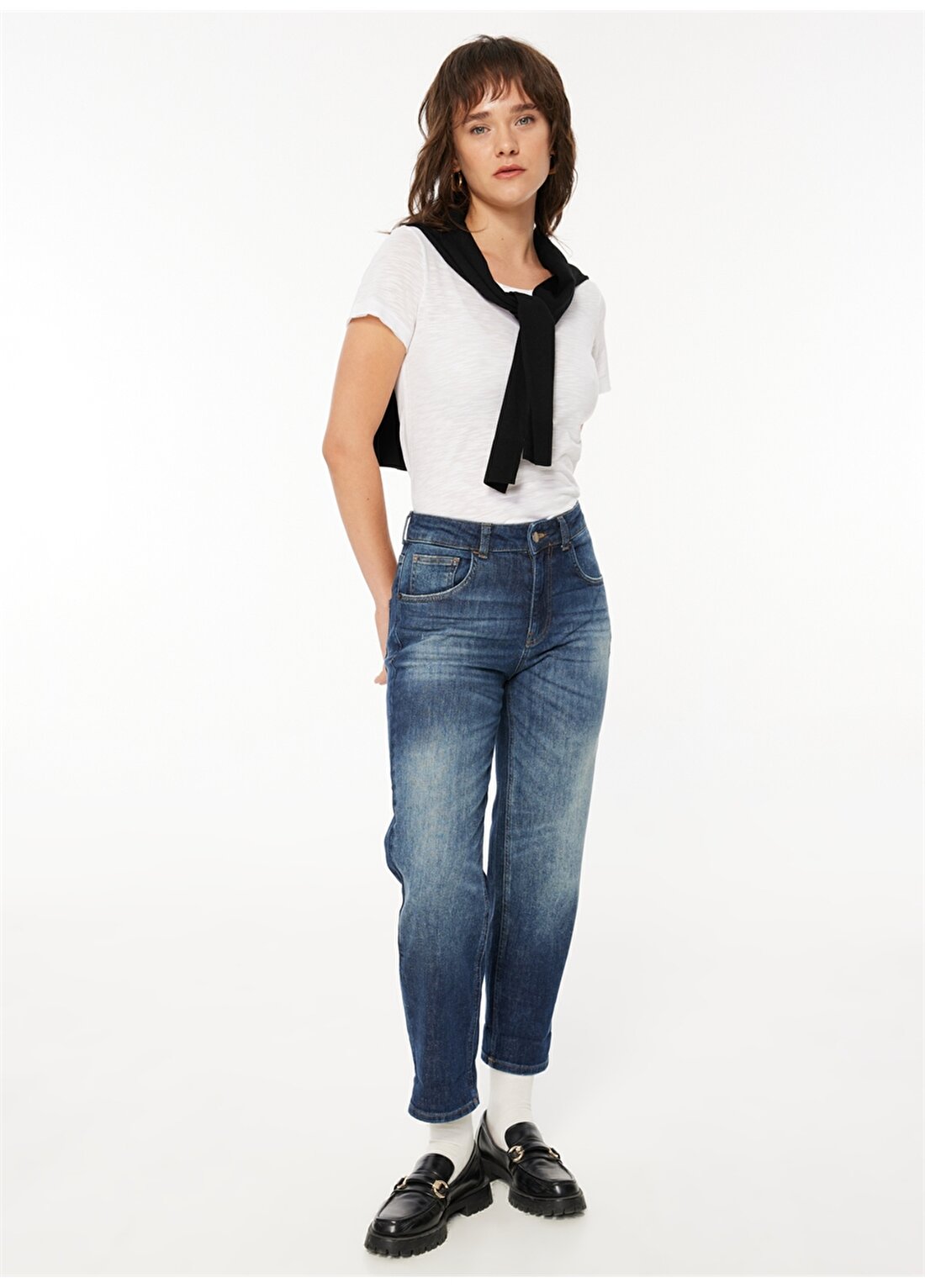 Sisley Yüksek Bel Duble Paça Regular Fit Mavi Kadın Denim Pantolon 4CGP575O7